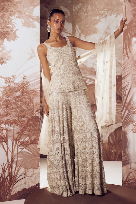 Buy Sana Barreja Ivory Net Sequins, Cut Work Alice Crystal Floral Embellished Kurta Sharara Set Online at Aza Fashions Buy_Sana Barreja_Ivory Net Sequins, Cut Work Alice Crystal Floral Embellished Kurta Sharara Set _Online_at_Aza_Fashions