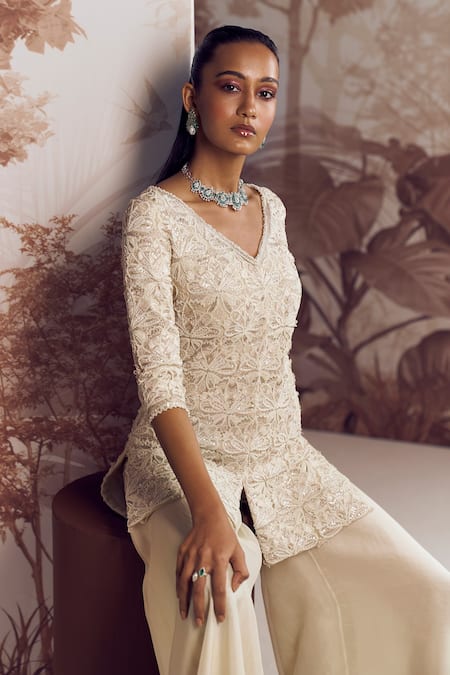 Sana Barreja Ivory Net, Organza Pearls, Sequins Idra Floral Embroidered Jacket Gharara Set Online at Aza Fashions Sana Barreja_Ivory Net, Organza Pearls, Sequins Idra Floral Embroidered Jacket Gharara Set _Online_at_Aza_Fashions
