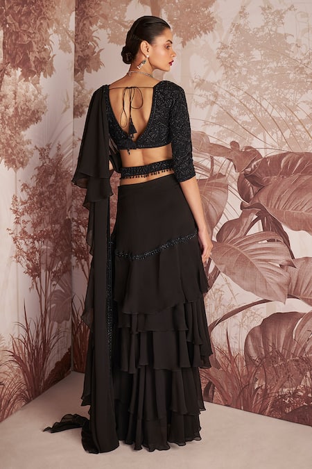 Shop Sana Barreja Black Georgette, Net Adelia Embellished Ruffle Border Pre Stitched Saree Set at Aza Fashions Shop_Sana Barreja_Black Georgette, Net Adelia Embellished Ruffle Border Pre Stitched Saree Set _at_Aza_Fashions