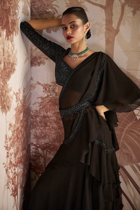 Sana Barreja Black Georgette, Net Adelia Embellished Ruffle Border Pre Stitched Saree Set Online at Aza Fashions Sana Barreja_Black Georgette, Net Adelia Embellished Ruffle Border Pre Stitched Saree Set _Online_at_Aza_Fashions