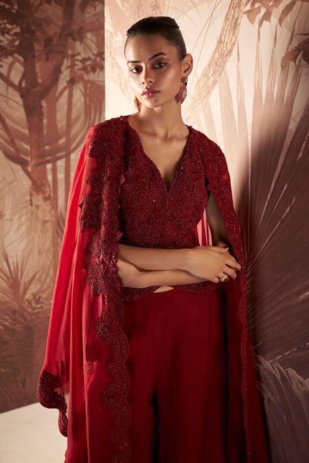 Sana Barreja Red Net, Organza Beads, Crystals, Embroidery, Selina Jacket Sharara Set Online at Aza Fashions Sana Barreja_Red Net, Organza Beads, Crystals, Embroidery, Selina Jacket Sharara Set _Online_at_Aza_Fashions