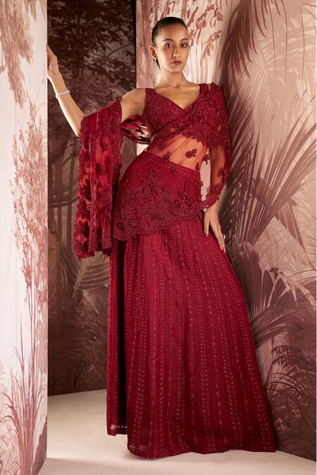 Buy_Sana Barreja_Red Organza, Net Beads, Anna Crystal Embellished Palla Skirt Saree With Blouse _Online_at_Aza_Fashions