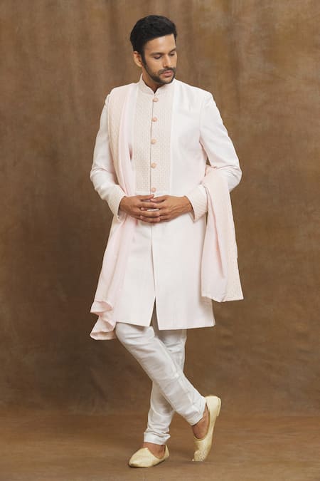 Aryavir Malhotra Pink Silk Embroidered Thread Placement Sherwani