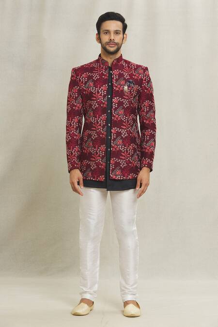 Arihant Rai Sinha Maroon Silk Embroidered Thread Floral Garden Open Sherwani Online at Aza Fashions Arihant Rai Sinha_Maroon Silk Embroidered Thread Floral Garden Open Sherwani_Online_at_Aza_Fashions