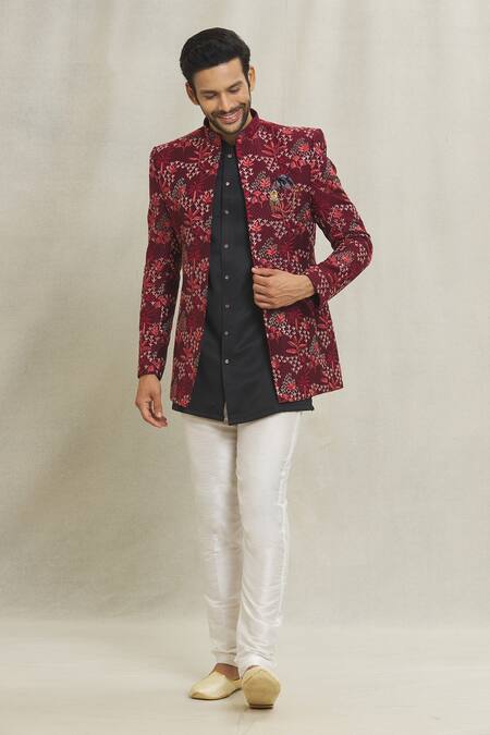 Buy Arihant Rai Sinha Maroon Silk Embroidered Thread Floral Garden Open Sherwani Online at Aza Fashions Buy_Arihant Rai Sinha_Maroon Silk Embroidered Thread Floral Garden Open Sherwani_Online_at_Aza_Fashions