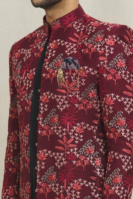 Shop Arihant Rai Sinha Maroon Silk Embroidered Thread Floral Garden Open Sherwani Online at Aza Fashions Shop_Arihant Rai Sinha_Maroon Silk Embroidered Thread Floral Garden Open Sherwani_Online_at_Aza_Fashions