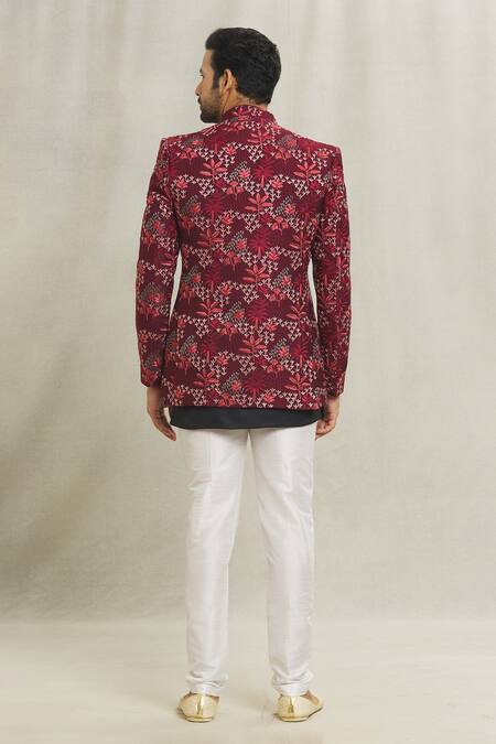 Shop Arihant Rai Sinha Maroon Silk Embroidered Thread Floral Garden Open Sherwani at Aza Fashions Shop_Arihant Rai Sinha_Maroon Silk Embroidered Thread Floral Garden Open Sherwani_at_Aza_Fashions