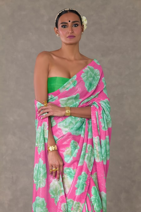 Masaba_Pink Georgette, Silk Sequins Nurvi Print Saree With Unstitched Blouse Piece_Online_at_Aza_Fashions
