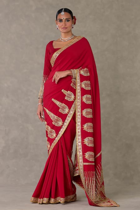 Masaba_Red Crepe, Silk Son Patti Embellished Saree With Unstitched Blouse Fabric _Online_at_Aza_Fashions