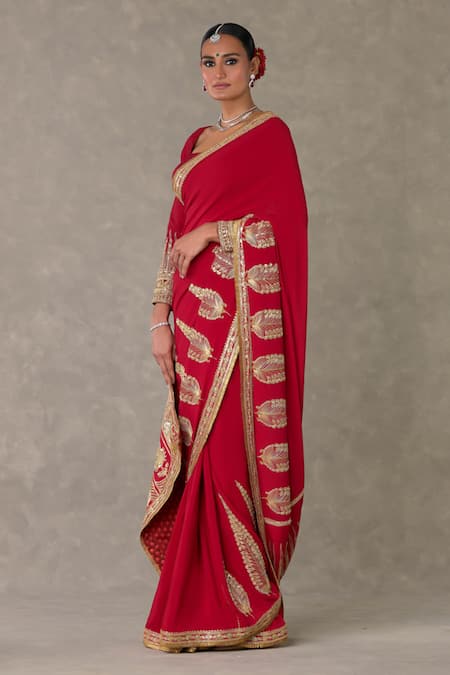Buy_Masaba_Red Crepe, Silk Son Patti Embellished Saree With Unstitched Blouse Fabric _Online_at_Aza_Fashions