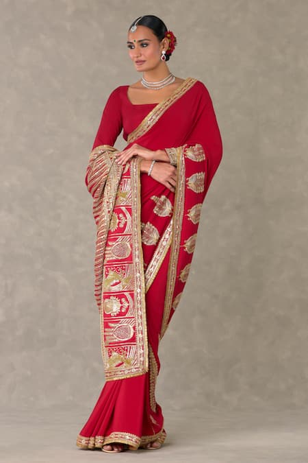 Masaba_Red Crepe, Silk Son Patti Embellished Saree With Unstitched Blouse Fabric _at_Aza_Fashions