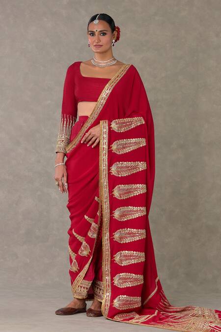 Shop_Masaba_Red Crepe, Silk Son Chidiya Embellished Saree With Unstitched Blouse Fabric _Online_at_Aza_Fashions