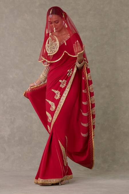 Masaba Red Crepe, Silk, Tulle Diamonds, Son Chidiya Embellished Saree Veil Set Online at Aza Fashions Masaba_Red Crepe, Silk, Tulle Diamonds, Son Chidiya Embellished Saree Veil Set _Online_at_Aza_Fashions