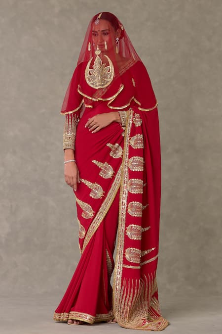 Buy Masaba Red Crepe, Silk, Tulle Diamonds, Son Chidiya Embellished Saree Veil Set Online at Aza Fashions Buy_Masaba_Red Crepe, Silk, Tulle Diamonds, Son Chidiya Embellished Saree Veil Set _Online_at_Aza_Fashions
