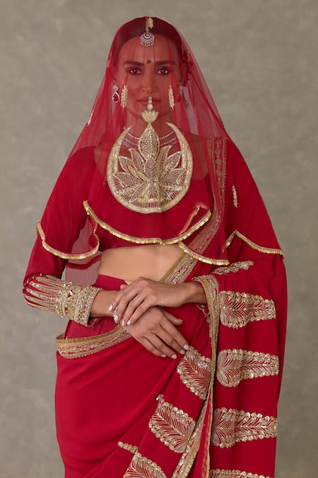 Shop Masaba Red Crepe, Silk, Tulle Diamonds, Son Chidiya Embellished Saree Veil Set Online at Aza Fashions Shop_Masaba_Red Crepe, Silk, Tulle Diamonds, Son Chidiya Embellished Saree Veil Set _Online_at_Aza_Fashions