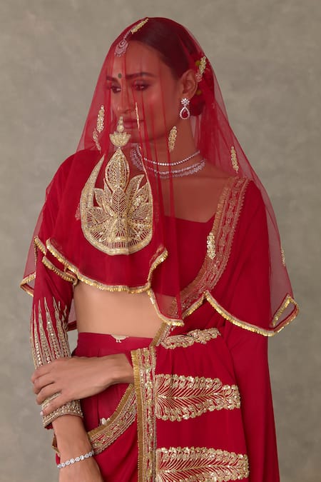 Masaba Red Crepe, Silk, Tulle Diamonds, Son Chidiya Embellished Saree Veil Set at Aza Fashions Masaba_Red Crepe, Silk, Tulle Diamonds, Son Chidiya Embellished Saree Veil Set _at_Aza_Fashions