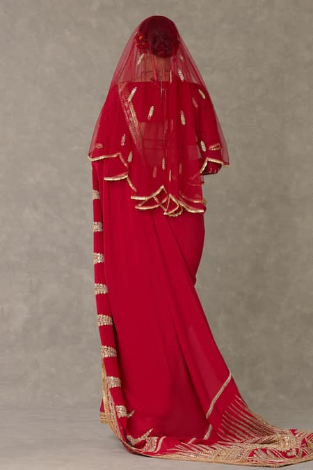 Shop_Masaba_Red Crepe, Silk, Son Patti Embellished Saree Set With Unstitched Blouse Piece _at_Aza_Fashions