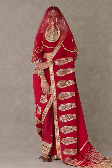 Masaba_Red Crepe, Silk, Son Patti Embellished Saree Set With Unstitched Blouse Piece _Online_at_Aza_Fashions