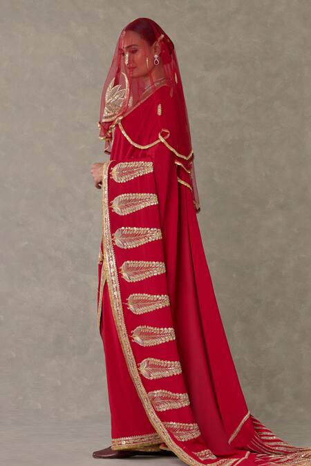 Buy_Masaba_Red Crepe, Silk, Son Patti Embellished Saree Set With Unstitched Blouse Piece _Online_at_Aza_Fashions