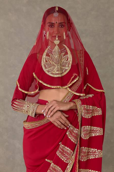 Shop_Masaba_Red Crepe, Silk, Son Patti Embellished Saree Set With Unstitched Blouse Piece _Online_at_Aza_Fashions