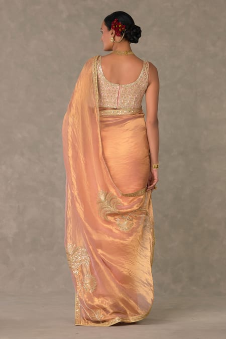 Shop Masaba Peach Tissue, Velvet Embroidery Shahi Tukda Saree With Unstitched Blouse Piece at Aza Fashions Shop_Masaba_Peach Tissue, Velvet Embroidery Shahi Tukda Saree With Unstitched Blouse Piece _at_Aza_Fashions