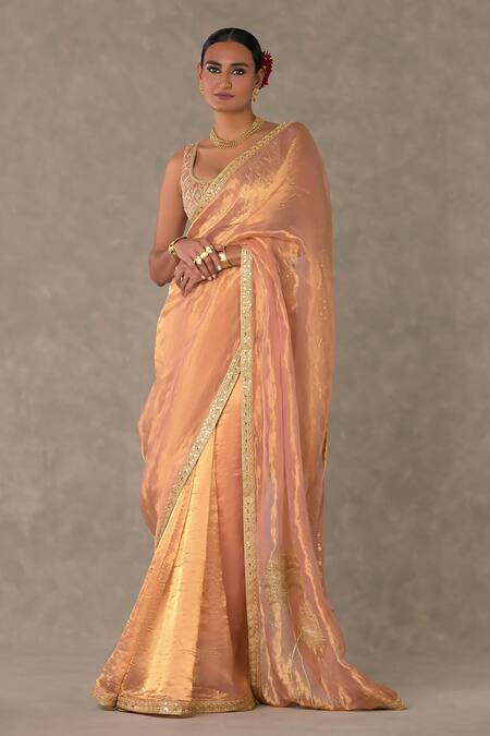 Shop Masaba Peach Tissue, Velvet Embroidery Shahi Tukda Saree With Unstitched Blouse Piece Online at Aza Fashions Shop_Masaba_Peach Tissue, Velvet Embroidery Shahi Tukda Saree With Unstitched Blouse Piece _Online_at_Aza_Fashions