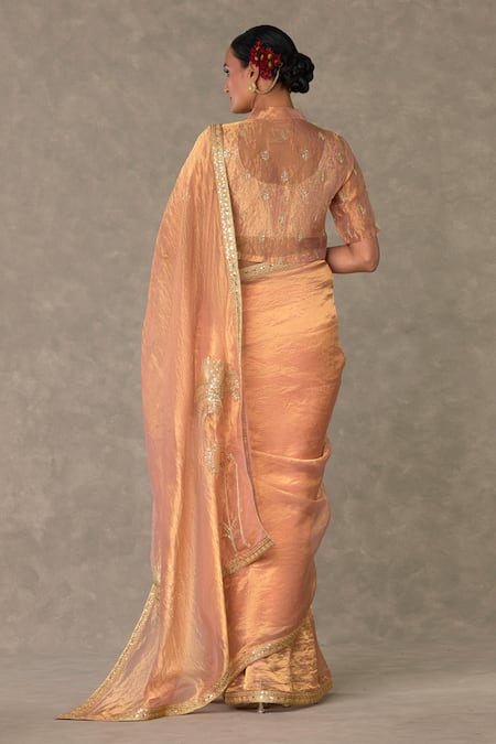 Shop_Masaba_Peach Tissue, Velvet Embroidery Collared Shahi Tukda Saree And Shirt Set _at_Aza_Fashions