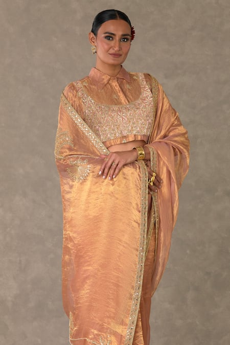 Masaba_Peach Tissue, Velvet Embroidery Collared Shahi Tukda Saree And Shirt Set _Online_at_Aza_Fashions