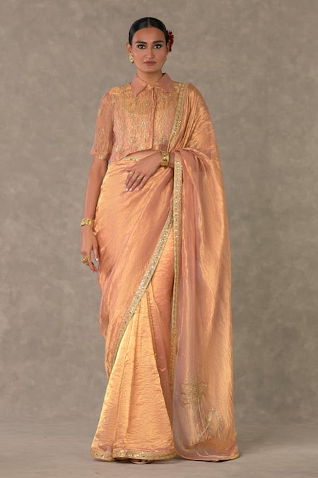 Buy_Masaba_Peach Tissue, Velvet Embroidery Collared Shahi Tukda Saree And Shirt Set _Online_at_Aza_Fashions