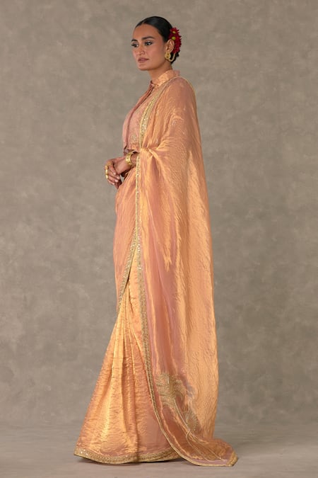 Shop_Masaba_Peach Tissue, Velvet Embroidery Collared Shahi Tukda Saree And Shirt Set _Online_at_Aza_Fashions