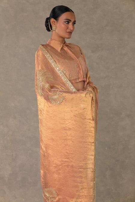 Masaba_Peach Tissue, Velvet Embroidery Collared Shahi Tukda Saree And Shirt Set _at_Aza_Fashions