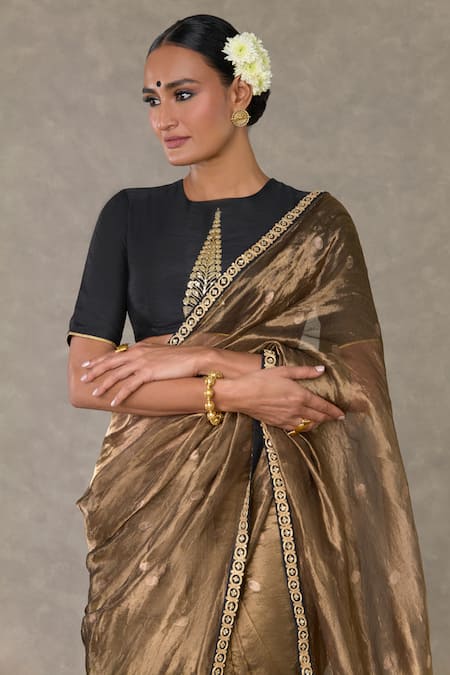Masaba_Black Tissue, Silk Embroidery Surma Saree With Unstitched Raw Blouse Piece _Online_at_Aza_Fashions
