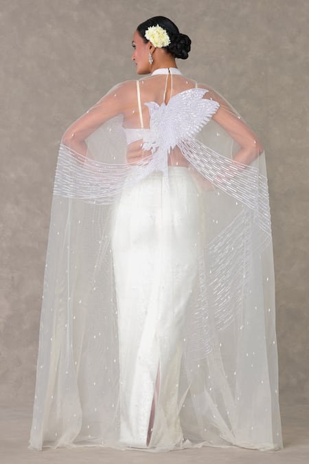 Shop_Masaba_White Georgette, Silk Sequins, Embroidery Son Chidiya Embellished Cape Skirt Set _at_Aza_Fashions