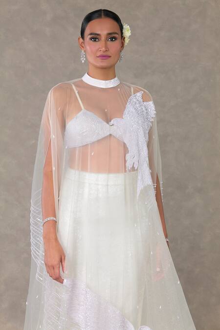Masaba_White Georgette, Silk Sequins, Embroidery Son Chidiya Embellished Cape Skirt Set _Online_at_Aza_Fashions