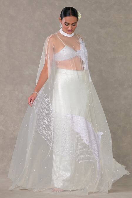 Masaba_White Georgette, Silk Sequins, Embroidery Son Chidiya Embellished Cape Skirt Set _at_Aza_Fashions