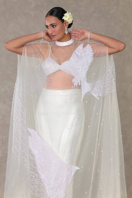 Buy_Masaba_White Georgette, Silk Sequins, Embroidery Son Chidiya Embellished Cape Skirt Set 