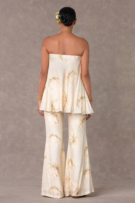 Shop_Masaba_Ivory Silk Embroidery Collared Nargis Print Tunic With Bell Bottom Pant_at_Aza_Fashions