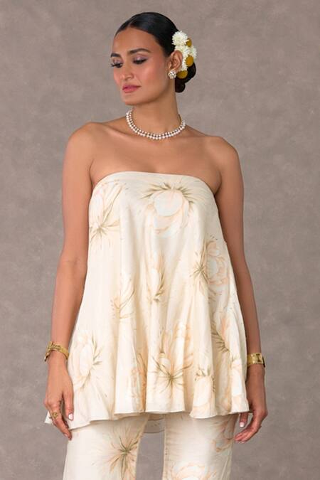 Masaba_Ivory Silk Embroidery Collared Nargis Print Tunic With Bell Bottom Pant_Online_at_Aza_Fashions