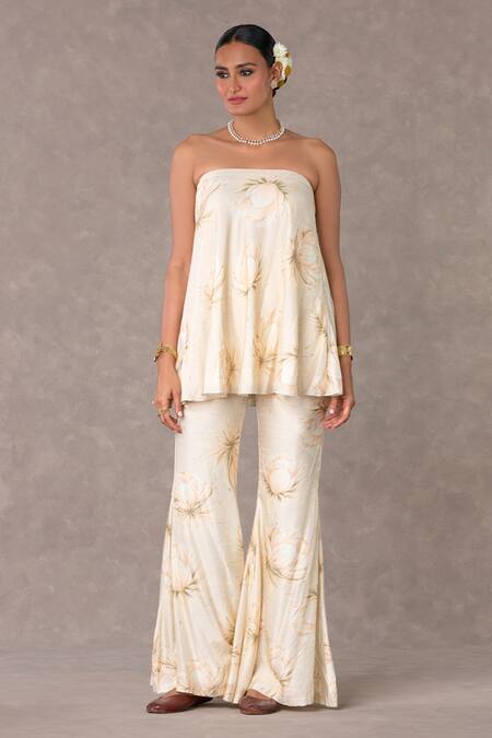 Buy_Masaba_Ivory Silk Embroidery Collared Nargis Print Tunic With Bell Bottom Pant_Online_at_Aza_Fashions