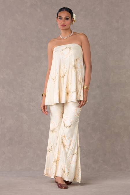 Shop_Masaba_Ivory Silk Embroidery Collared Nargis Print Tunic With Bell Bottom Pant_Online_at_Aza_Fashions