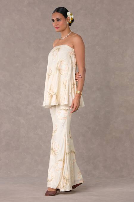 Masaba_Ivory Silk Embroidery Collared Nargis Print Tunic With Bell Bottom Pant_at_Aza_Fashions