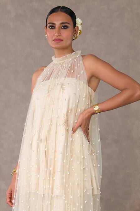 Masaba_Ivory Silk, Tulle Pearls Racerback Embellished Cape Nargis Print Bell Bottom Set_Online_at_Aza_Fashions