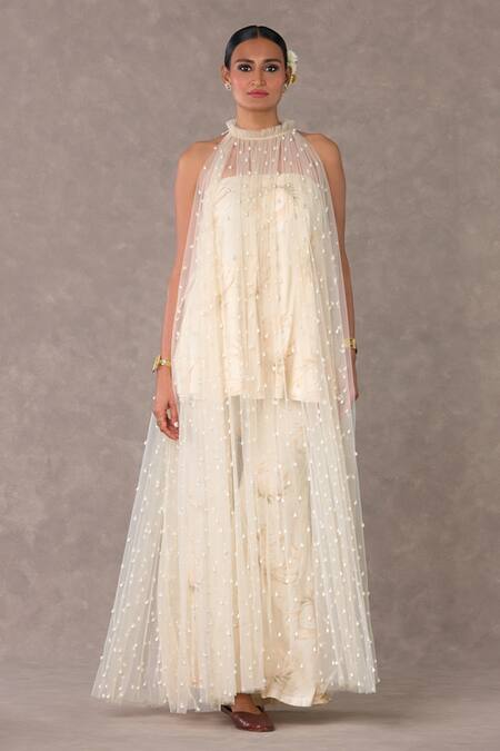 Buy_Masaba_Ivory Silk, Tulle Pearls Racerback Embellished Cape Nargis Print Bell Bottom Set_Online_at_Aza_Fashions