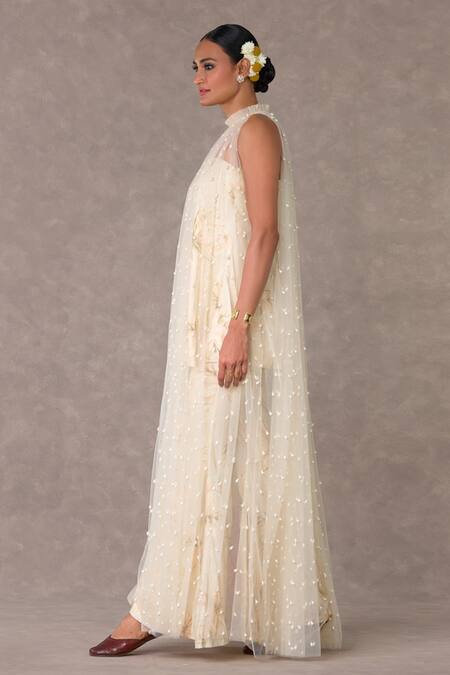 Shop_Masaba_Ivory Silk, Tulle Pearls Racerback Embellished Cape Nargis Print Bell Bottom Set_Online_at_Aza_Fashions