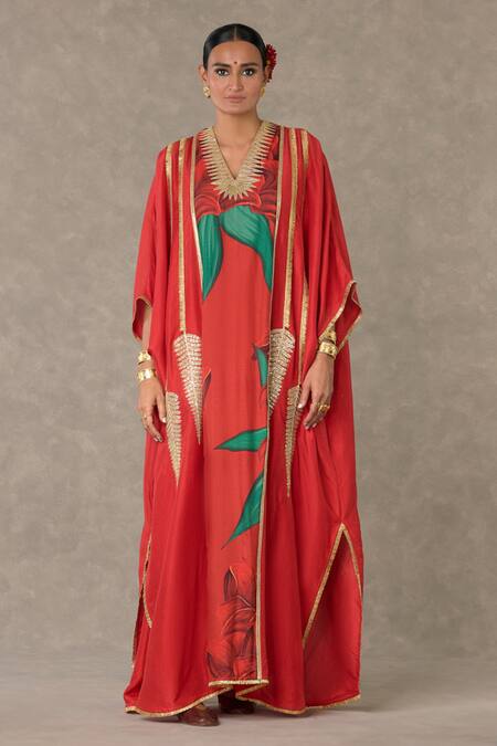 Buy_Masaba_Red Silk Diamonds V-neck Candy Swirl Print Kaftan_Online_at_Aza_Fashions