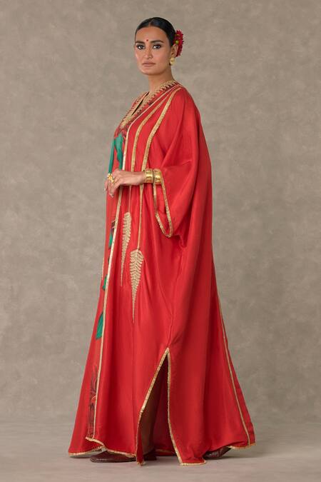 Shop_Masaba_Red Silk Diamonds V-neck Candy Swirl Print Kaftan_Online_at_Aza_Fashions
