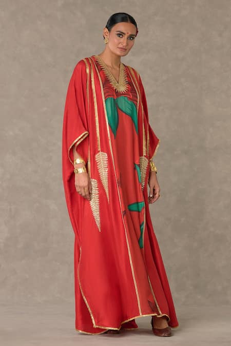 Masaba_Red Silk Diamonds V-neck Candy Swirl Print Kaftan_at_Aza_Fashions