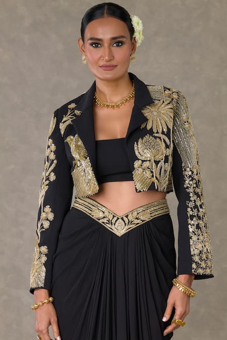 Masaba Black Georgette Embroidery Son Chidiya Embellished Blazer Draped Skirt Set Online at Aza Fashions Masaba_Black Georgette Embroidery Son Chidiya Embellished Blazer Draped Skirt Set _Online_at_Aza_Fashions