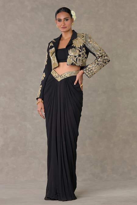 Buy Masaba Black Georgette Embroidery Son Chidiya Embellished Blazer Draped Skirt Set Online at Aza Fashions Buy_Masaba_Black Georgette Embroidery Son Chidiya Embellished Blazer Draped Skirt Set _Online_at_Aza_Fashions
