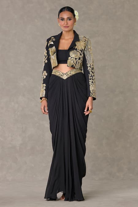 Masaba Black Georgette Embroidery Son Chidiya Embellished Blazer Draped Skirt Set at Aza Fashions Masaba_Black Georgette Embroidery Son Chidiya Embellished Blazer Draped Skirt Set _at_Aza_Fashions